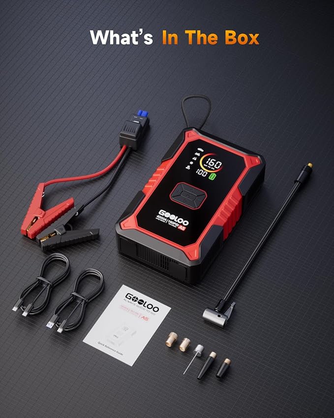 GOOLOO A5 Jump Starter with Air Compressor, 4000A Car Battery Jump Starter (All Gas/10.0L Diesel) with 160PSI Tire Inflator Auto-Off, 45W PD Fast Charging, 12V Jump Box Car Jumper Starter Portable