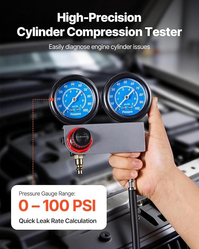 VEVOR Engine Cylinder Compression Tester Kit, Pressure Gauge Range of 0-100 PSI, Automotive Leak Down Tester Kit with 4 Adapters & Air Fittings, Pressure Check & Leakage Rate Test on Cars, Motorcycles