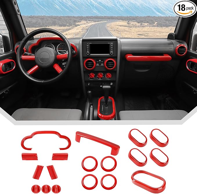 JeCar 18pcs for Jeep Wrangler Interior Trim Kits Red Interior Accessories for Jeep Wrangler JK JKU 2007-2010 Sahara Sport Rubicon