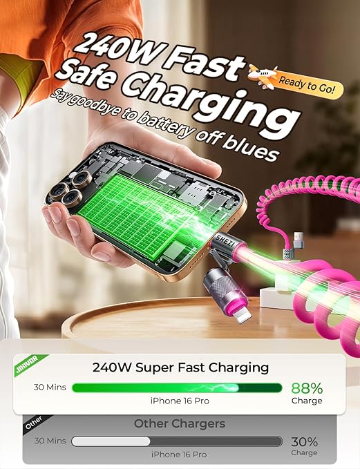 Coiled Pink Cable 4-in-1 USB C Cable 240W Compatible with Lightning Cable Fast Charging & Data Transfer, Support to CarPlay & Android Auto, 5FT Multi Cord Combo Charger for iPhone/iPad