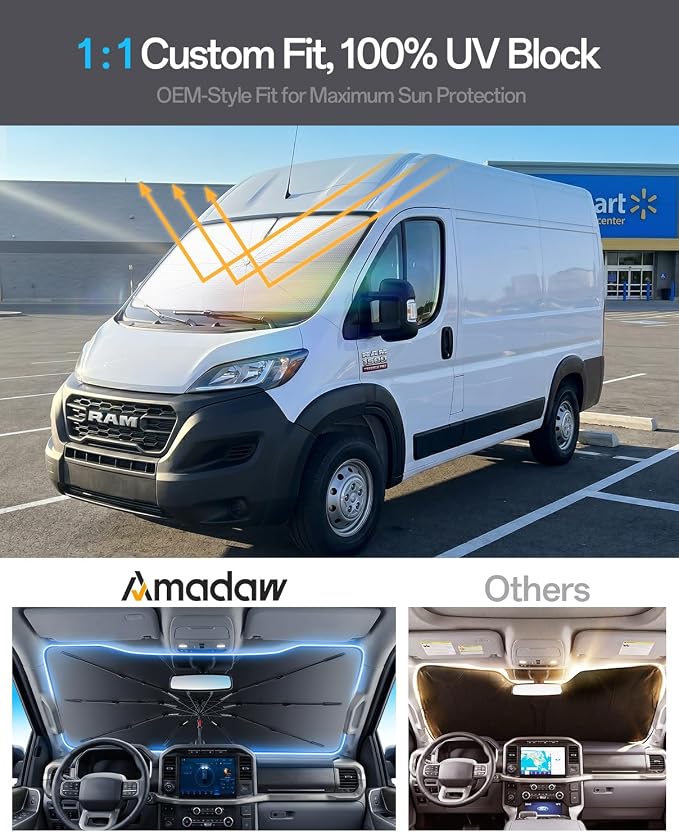 Windshield Sun Shade for Ram ProMaster 1500 2014–2026, Foldable Umbrella Sunshade with 100% UV Block, Multi-Layer Heat Insulation, Reinforced 10-Rib Frame, Keeps Car Cooler