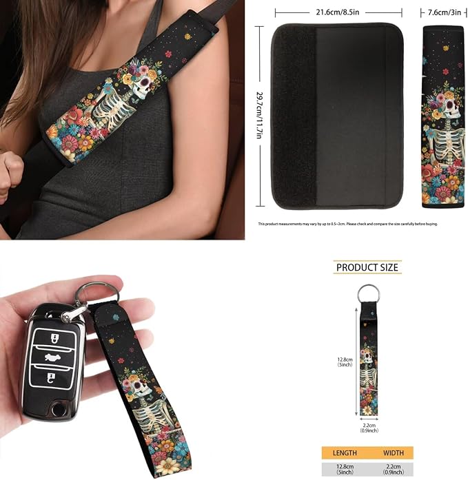 Moon Skeleton 15Pcs Car Seat Cover Full Set Car Steering Wheel Cover Seat Belt Cover Trash Bin Front Rear View Mirror Car Cup Holder Keychain