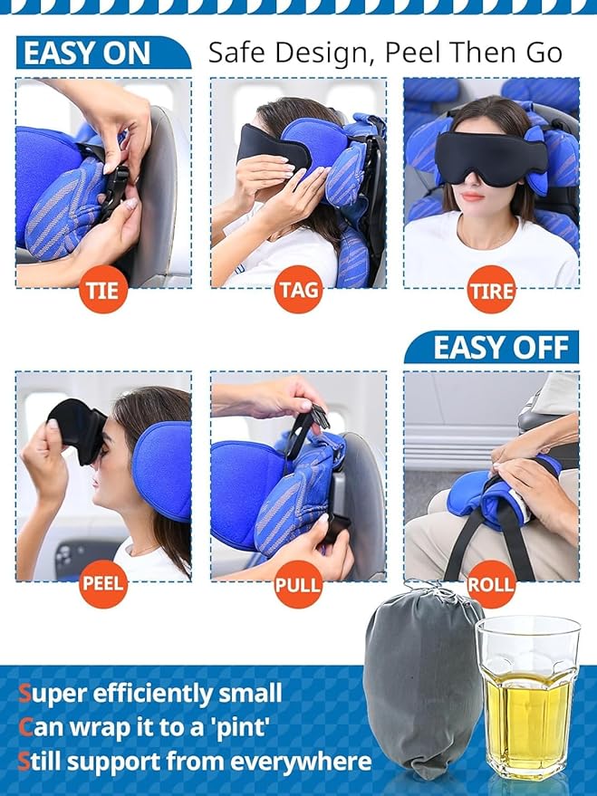 SARISUN Travel Pillows for Airplanes, Airplane Pillow for Long Flight, Airplane Head Strap with Sleep Eye Mask, 360° Support Headrest for Car Road Trip, Stop Bobblehead Travel Essentials, Red