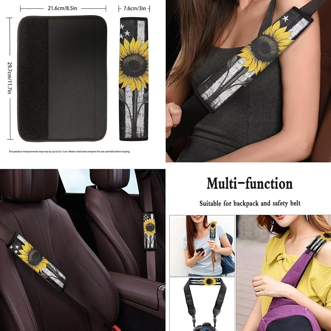 POLERO American Flag Sunflower Seat Cover for Cars Patriotic Car Accessories 11pcs Sets with Steering Wheel Cover/Seatbelt Pads/Coasters/Keychains
