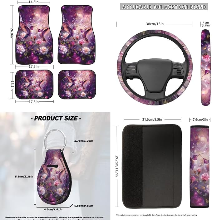 18 Pcs Hummingbird and Rose Car Accessories Set for Women, Car Seat Covers Full Set with Auto Floor Mats Steering Wheel Cover Armrest Pad Handle Wraps Seat Belt Pads Keychains Cup Coaster