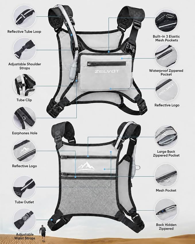 Zelvot Running Vest with 1L Water Bladder, USA Original Patent, Adjustable Reflective Running Hydration Vest, Lightweight Chest Pack for Men Women for Hiking, Cycling