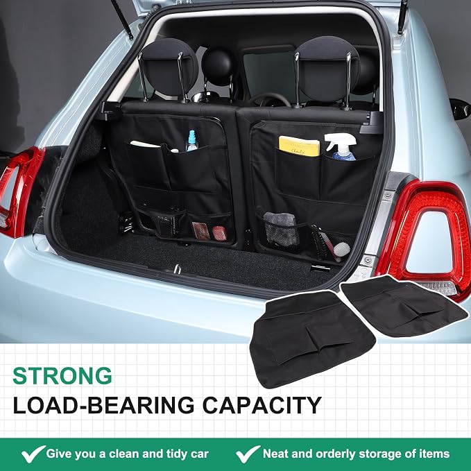 Car Trunk Organizer Compatible with Fiat 500 2016-2024 Accessories Back Seat Anti-Kick Mats Protector Car Backseat Hanging Organizer, Large Pockets, Waterproof, Wear-Resistant