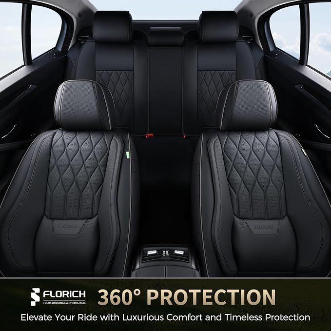 FLORICH Seat Covers Front Seats Leather Car Seat Cover Waterproof Automotive Seat Covers with Lumbar Support Full Coverage Car Seat Cushion Protector Universal Fit for Most Cars Trucks SUV, Black