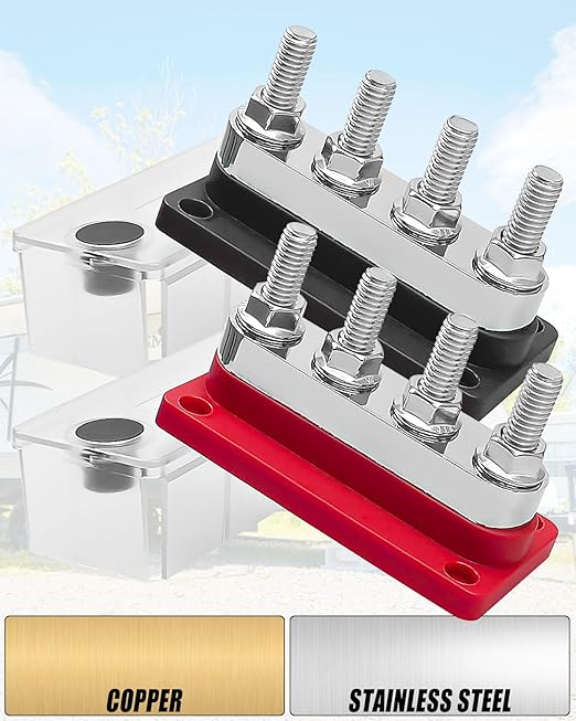 2Pcs Marine Battery Bus Bar 12-48V 600A, 4 M10 Studs (3/8") Heavy Duty Power Distribution Terminal Block, High Current Copper Busbar with Waterproof Cover, Red & Black