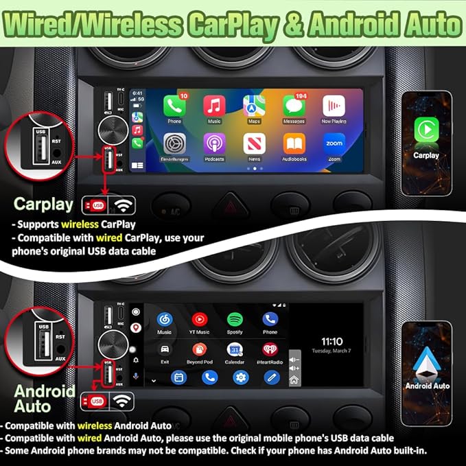 6.36" Single Din Car Stereo with Wireless CarPlay & Android Auto, IPS Touchscreen Head Unit with Backup Camera/External Microphone, Car Radio Supports Bluetooth/SWC/FM/Double USB/Type-C