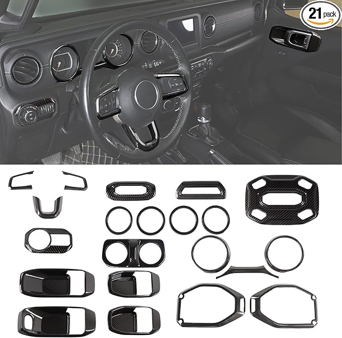 CheroCar 21PCS Full Set Interior Decoration Trim Kit for 2018-2026 Jeep Wrangler JL JLU & Gladiator JT Steering Button Frame, Air Conditioning Vent, Reading Light, Speaker (Carbon Fiber)