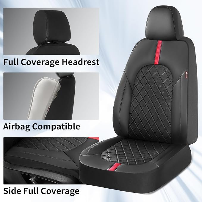 Coverado Car Seat Covers Full Set, Waterproof Front Seats Back Seat Cover, Leather Seat Cushion Universal Fit for Most Cars (Black-Red)
