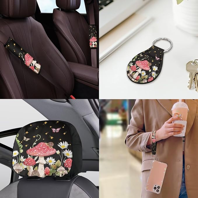 Mushroom Car Interior Accessories Set 18 Pcs Mushroom Print Car Seat Covers Full Set with Car Trash Can Car Headrest Covers Steering Wheel Cover Armrest Box Pad Handbrake Cover Universal