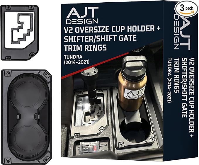 AJT Design V2 Cup Holder & Shifter Kit Compatible with Toyota Tundra 2014-2021 | Oversized Cup Holder Insert, Gear Shifter Cover, Shifter Trim Rings, Center Console Shifter Cover - Black