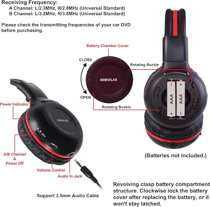 SIMOLIO 2 Pack IR Headphones for Car DVD Compatible with Honda Odyssey, Pilot, uConnect VES, Chrysler Pacifica, Town & Country, Dodge Grand Caravan, GMC Yukon, Toyota Sienna, Lexus, GM,Jeep 2006-2023