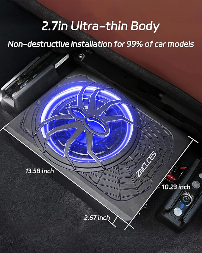 Znclces 2025 Upgraded 10" 1200W Slim Under Seat Powered Car Subwoofer, Car/Truck Sub Built in Amplifier for Outstanding Heat Dissipation, Powerful bass and Blue LED (Blue Light)