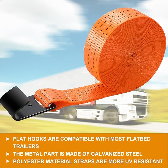 TLGREEN 4 Pack 2 in x 27 FT Flat Hook Ratchet Straps (11,000 lbs Break Strength), Heavy Duty Tie Down Straps for Trucks (Orange)