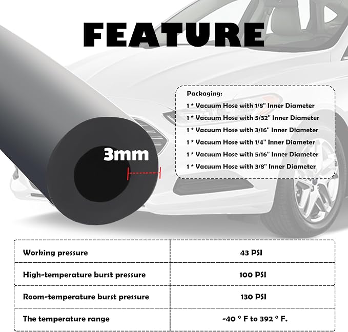 6PCS 5Ft Vacuum Hose Automotive,Silicone Vacuum Hose with ID 1/8" 5/32" 3/16" 1/4" 5/16" 3/8",130PSI Max Pressure Vacuum Line Kit Silicone Tubing Car Accessories for Air/Water (6PCS)