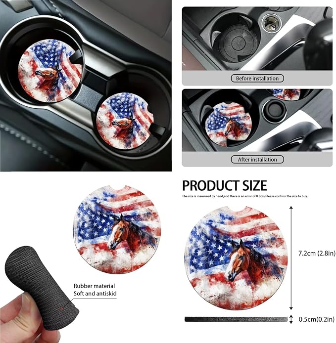 American Flag Horse Printed 15 PCS Car Accessories, Universal Auto Seat Protector Steering Wheel Cover Seatbelt Strap Covers Trash Can Cup Holders Rearview Mirror Cover Keychain