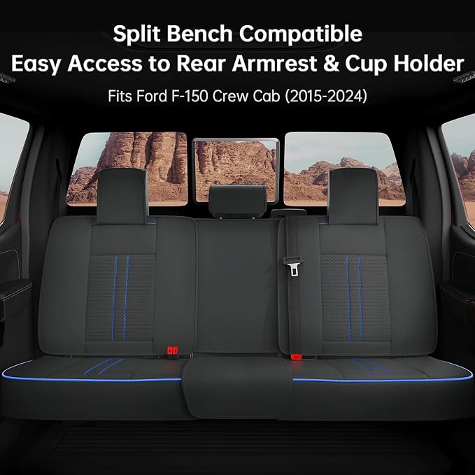 W&PMAX Custom-Fit Seat Covers for Ford F-150 Crew Cab (2015–2025), Full Set Waterproof Leather Truck Seat Covers, Full-Wrap Protection & OEM Fit – Black/Blue Stitching