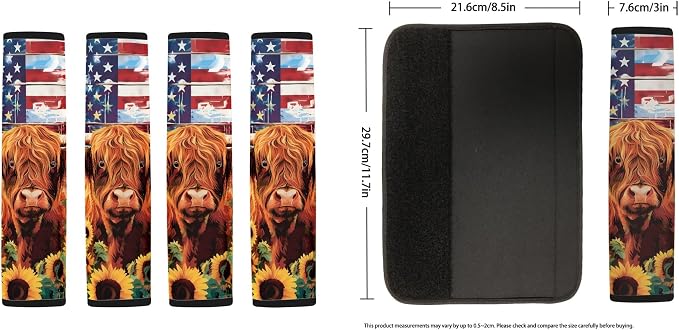 Highland Cow Auto Seat Covers Full Set with Steering Wheel Cover Shoulder Pads, American Flag Bucket Car Seat Covers Car Accessories Universal Fit for Most Cars