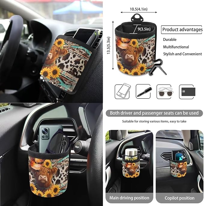 Aztec Tribal Highland Cattle Sunflower Pattern Front Rear Seats Prortector Steering Wheel Cover Seatbelt Pads Cup Coasters Keychain Trash Can 15 PCS Auto Acccessories Decor