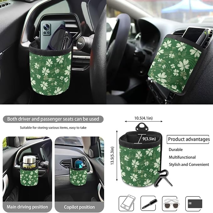 Shamrock Music Note Pattern 10 Pcs Car Seat Covers Full Sets Anti-Slip Steering Wheel Cover and Car Trash Bin with Car Air Vent Storage Cup Holders Lanyard Keychain for Automobile Interior