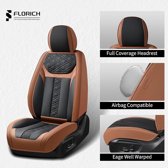 FLORICH Seat Covers, Atomutive Car Seat Covers Full Sets, Waterproof Seat Cover for Cars, Luxury Leather Universal Seat Cover Accessories Fit for Most Cars SUV Truck Sedans(Brown)
