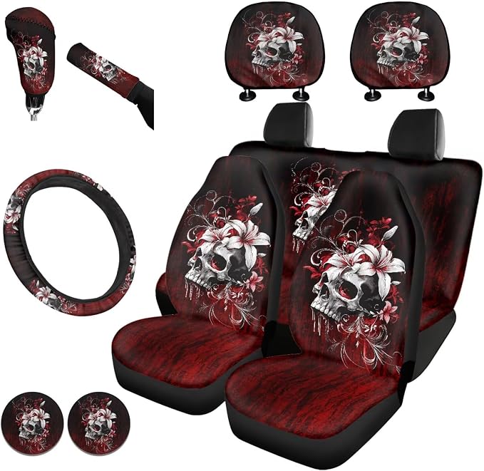 KEIAHUAN Gothic Skull Flower 11 Pcs Car Seat Cover Full Set Includes Shift Knob Handbrake Cover Steering Wheel Armrest Cover Headrest Covers Cup Coasters for Women