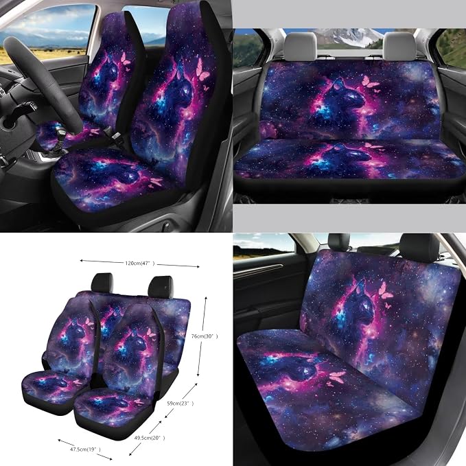 Cat Galaxy Butterfly Pattern Car Seat Covers Full Set Steering Wheel Cover Trash Can Air Vent Storage Bag Seatbelt Covers Rearview Mirror Cover Cup Coasters 15pcs Car Interior