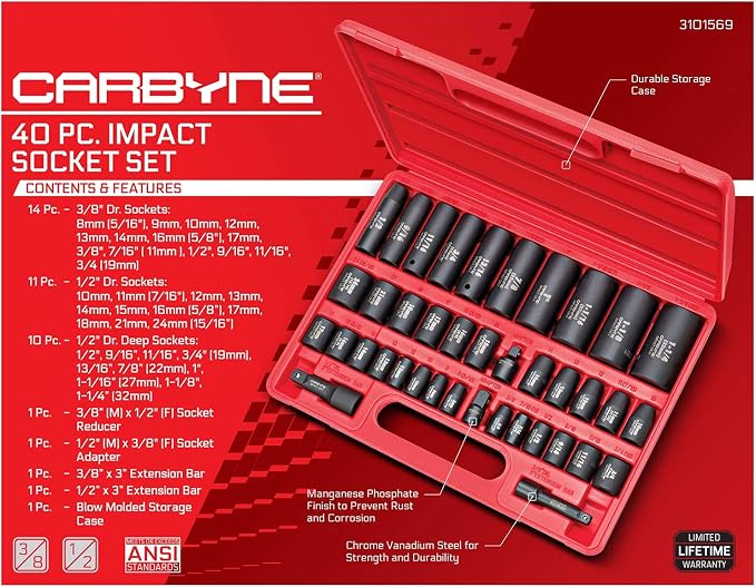 CARBYNE 40-Piece Impact Socket Set, SAE and Metric, Standard and Deep, 3/8 and 1/2 in. Drive, Corrosion-Resistant Finish, 6 Point, Storage Case