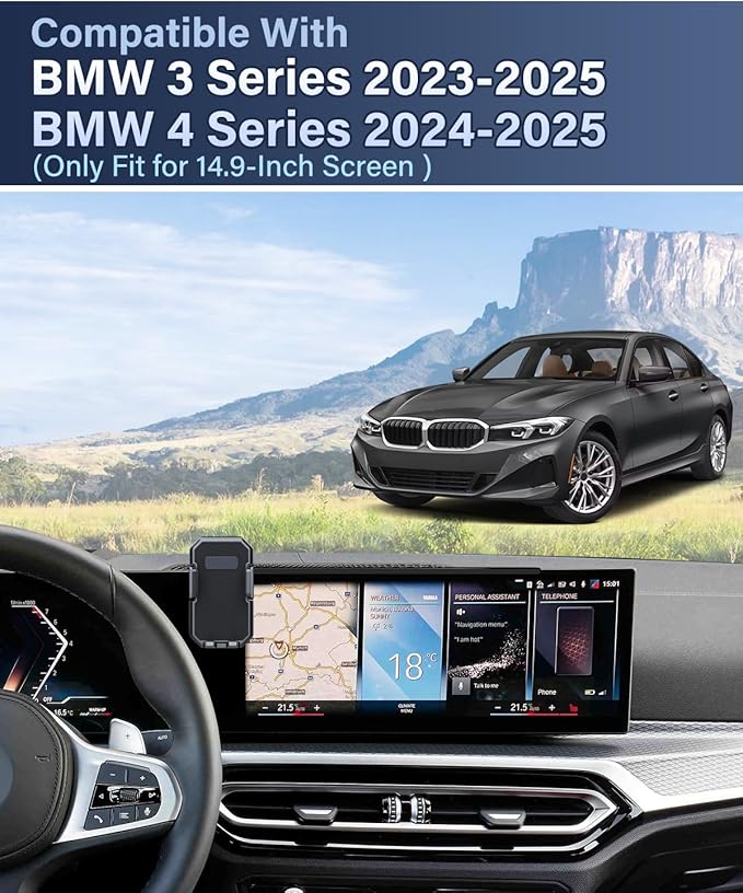 PZK Car Phone Holder for 2023-2025 BMW 3 Series /2024 2025 BMW 4 Series Accessories 14.9-Inch Screen Fixed Clip, Auto Lock Car Phone Mount With Sunglasses Storage Box 360° Rotation Fit 4.0-7.0'' Phone
