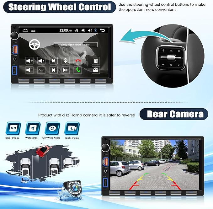 [Upgrade] Double Din Car Stereo with Bluetooth,7 Inch Touch Screen 2 Din Car Radio with FM Radio EQ Mirror Link SWC USB/Type-C/Aux-in Ports+Backup Camera