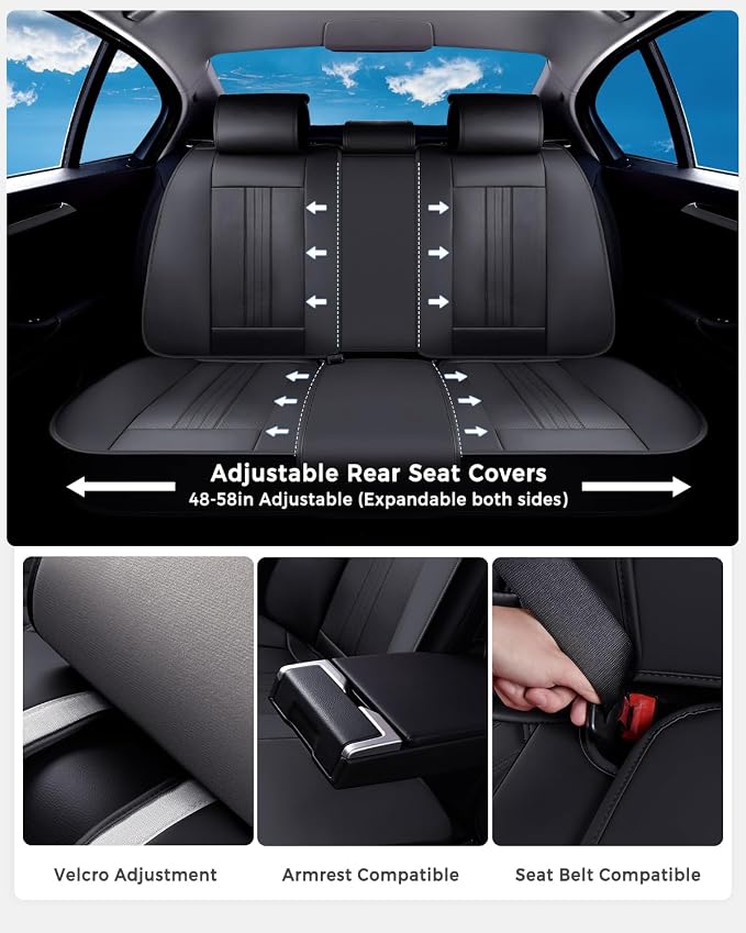 Huidasource Back Seat Cover, Luxury Faux Leather Rear Seat Cover, Velcro Adjustable, Compatible with Child Seat, Perforation Cooling＆Heating, Universal Fit for Most Cars, Vans, Trucks, SUVs, Black