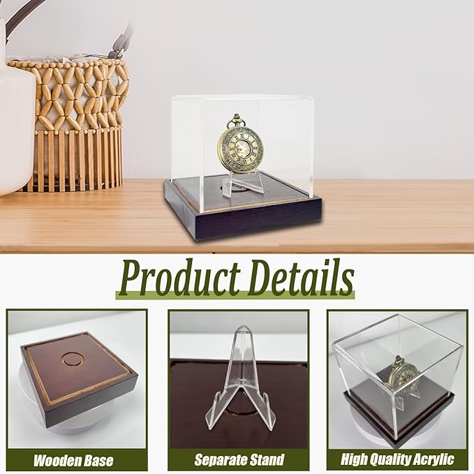 Acrylic Pocket Watch Display Case with Wooden Base - UV Protected Showcase & Protect Watches, Coins, Medals, Cards (4.3"x4.3"x3.7" Inside)