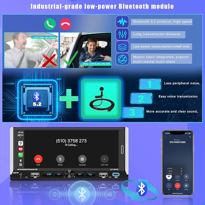 Wireless Apple CarPlay, Single DIN Car Radio, Car Stereo with 6.86" HD IPS Touchscreen, Bluetooth 5.2, Android Auto, Dual USB & Fast Charging, Backup Camera, FM Radio, DSP EQ Audio Subwoofer