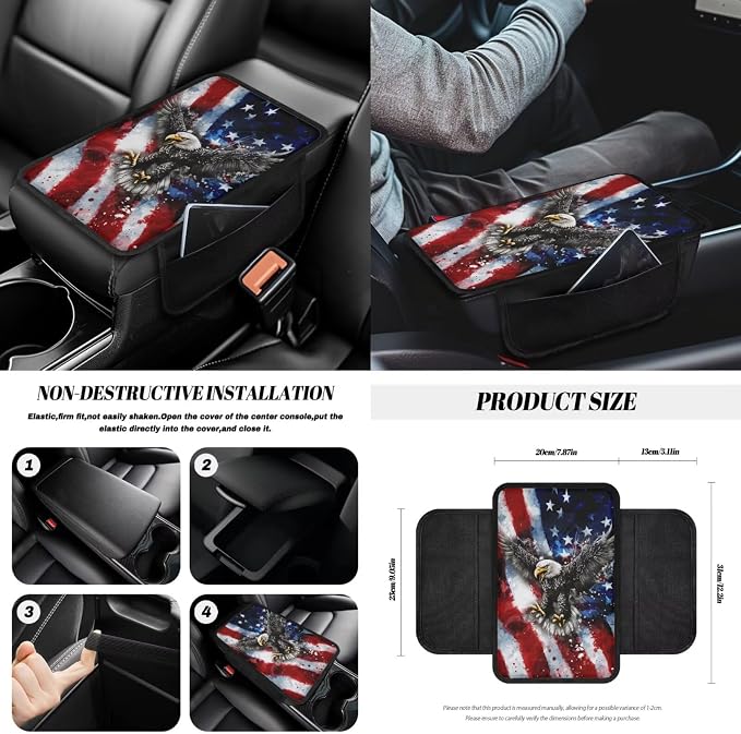 Eagle Print 14Pcs Car Interior Cover Set American Flag Print Car Front Rear Seat Covers Steering Wheel Cover Center Console Pad Safety Belt Pads for Men Women, Easy to Install