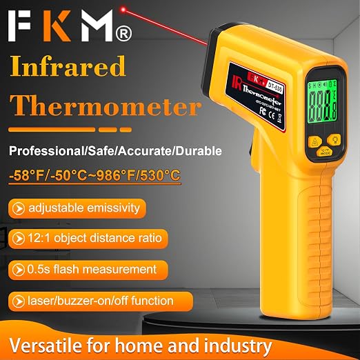 FKM Infrared Thermometer Gun Non-Contact Laser Temperature Gun,-58°F~986°F(-50°C~530°C) AdjustableEmissivity,Digital Thermometer Gun for Cooking,Oven,Griddle,Automotive,HVAC,Industrial,Not for Human
