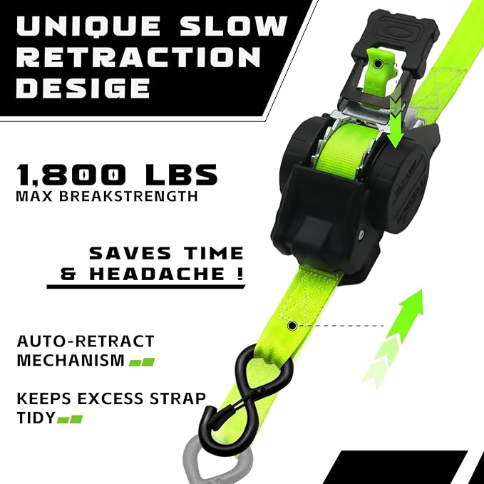 Retractable Ratchet Straps (2-Pack) - Heavy Duty Auto Slow Retraction Tie Down Straps - 1 Inch x 13 Feet (1,800lb Break Strength) for Truck, Cargo Trailer, Motorcycle, ATV, UTV - Fluorescent Green