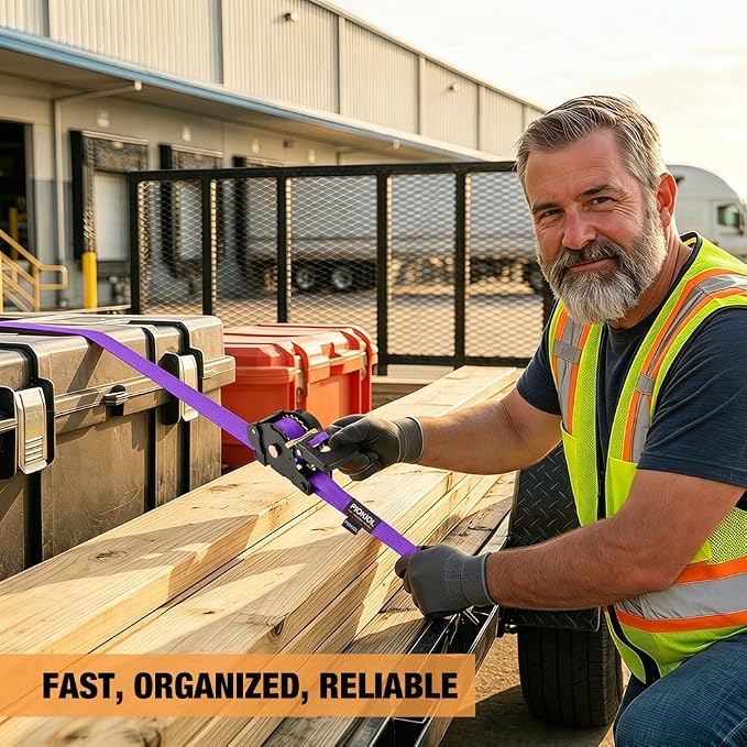 Retractable Ratchet Straps (4-Pack) - 1 Inch x 10 Feet (1,764lb Break Strength) - Heavy Duty Auto Self Retracting Tie Down Straps for Truck, Cargo Trailer, Motorcycle, ATV, UTV – Purple