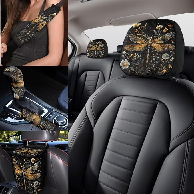 Dragonfly Car Seat Covers Full Set of 17 Pcs,Dragonfly Flowers Car Aaccessories Set with Steering Wheel Covers,Dragonfly Auto Seat Head Rest Protector for Auto Front Seat Rest Decoration