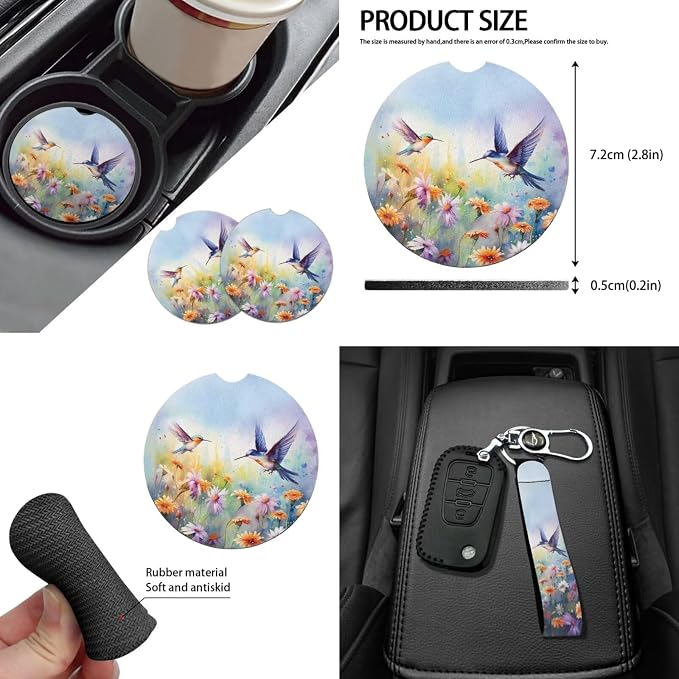 Floral Hummingbird Car Seat Covers Full Set of 14 Pcs,Neoprene Steering Wheel Cover/Mirror Cover/Gear Shift Knob&Handbreak Cushion/Coaster/Key,Auto Interior Protector Aesthetic Car Accessory