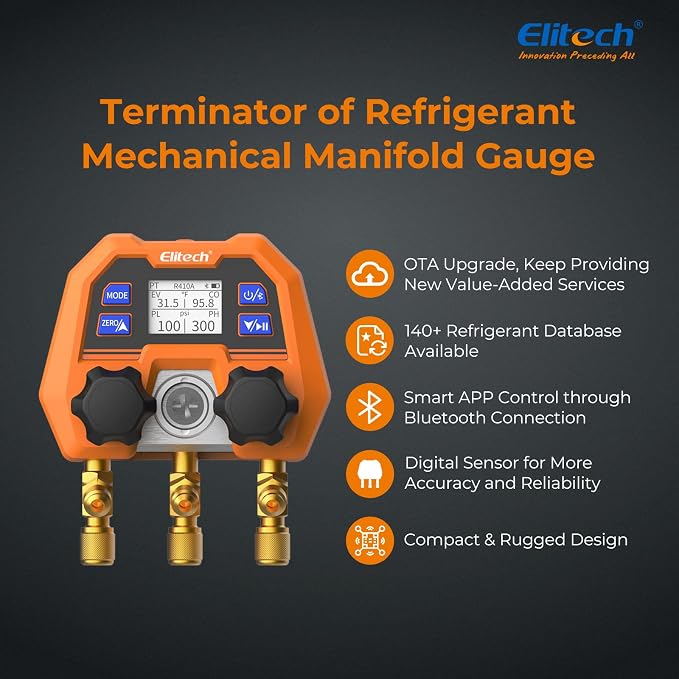 Elitech Smart Digital Manifold Gauge DMG-4B, 3-Way HVAC Refrigerant Tester with Bluetooth, OTA Remote Upgrade, 140+ Refrigerants Support, R410A R134A R22, Advanced Modes Expandable via App