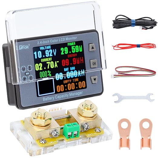DROK Digital Multimeter, DC 8-100V 100A Battery Monitor 12V 24V 36V 48V 60V Volt Amp Watt Meter, Big Color Screen LCD Display Capacity Time Power Voltmeter Ampmeter for RV Solar Panel Battery Charge