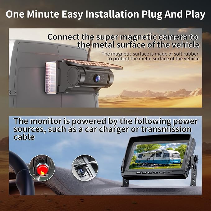 Magnetic Solar Wireless Backup Camera–7" HD 1080P Monitor with Recording, 1-Min Install, No-Delay Rear View, IR Night Vision, Rechargeable Battery, Scratch-Resistant Mount,RV Truck Trailer