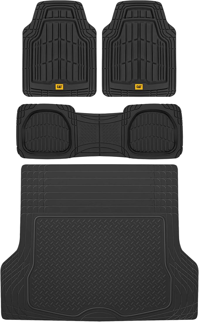BDK Cat® CAMT-1003 (3-Piece) Deep Dish Rubber Car Floor Mats with Trunk Cargo Liner, Heavy Duty All Weather Trim to Fit Front & Rear Combo Set for Car Sedan SUV Van