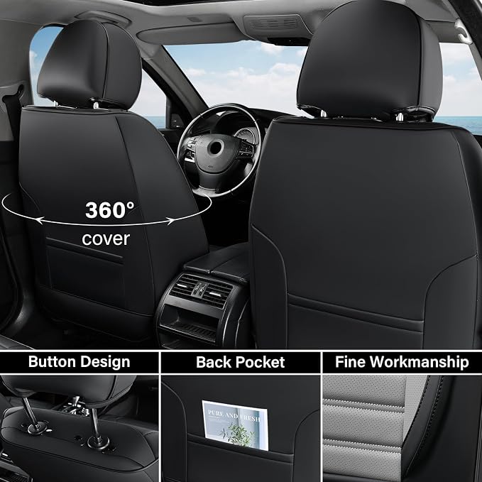 Coverado Car Seat Covers Full Set, Seat Covers for Cars, Automotive Seat Covers, Waterproof Nappa Leather Front Seats and Back Car Seat Protector, Universal Fit for Most Cars SUV Trucks,Black&Gray