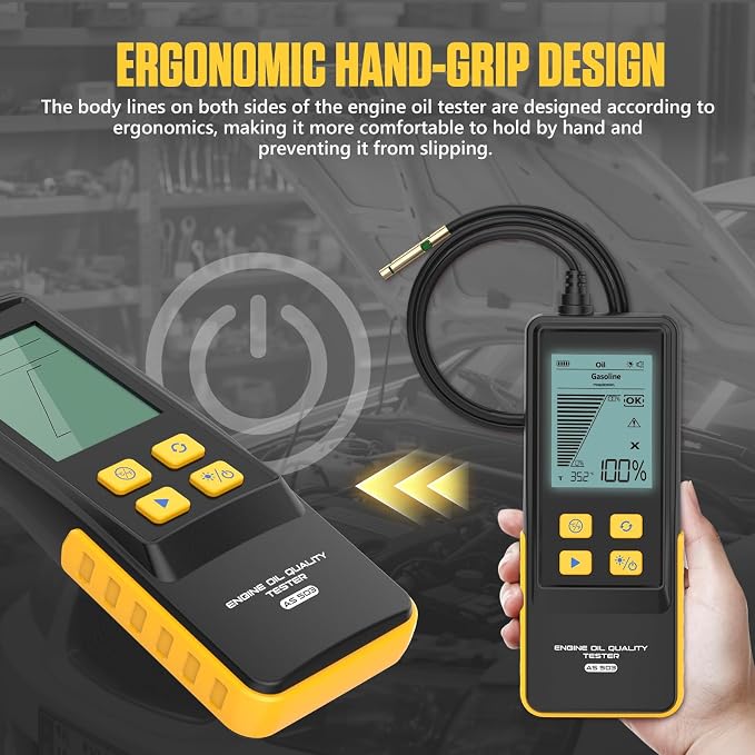 PLAYOCCAR Engine Oil Tester Gasoline & Diesel AS503 Motorcycle Engine Oil Quality Tester Kit Transmittance & Temperature Analysis Detector with 800MM High Precision Probes,2.8'' Backlit Display