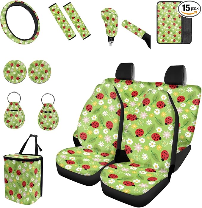 Forchrinse Ladybug Car Seat Covers for Women Flower 15Pack Car Accessories with Steering Wheel Cover,Armrest Seatbelt Cover,Car Trash Can,Coaster,Keychain for Truck SUV Vehicles