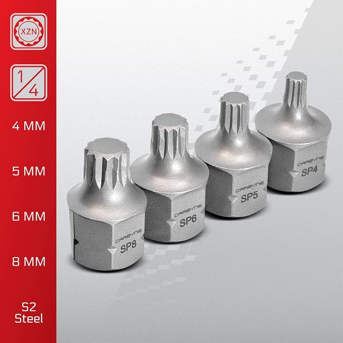 CARBYNE 8-Piece XZN Triple Square Stubby Low Profile Bit Socket Set, 4mm to 16mm, 12 Point Spline, S2 Steel, Dual Drive Internal Square and External Hex for Tight Confined Spaces